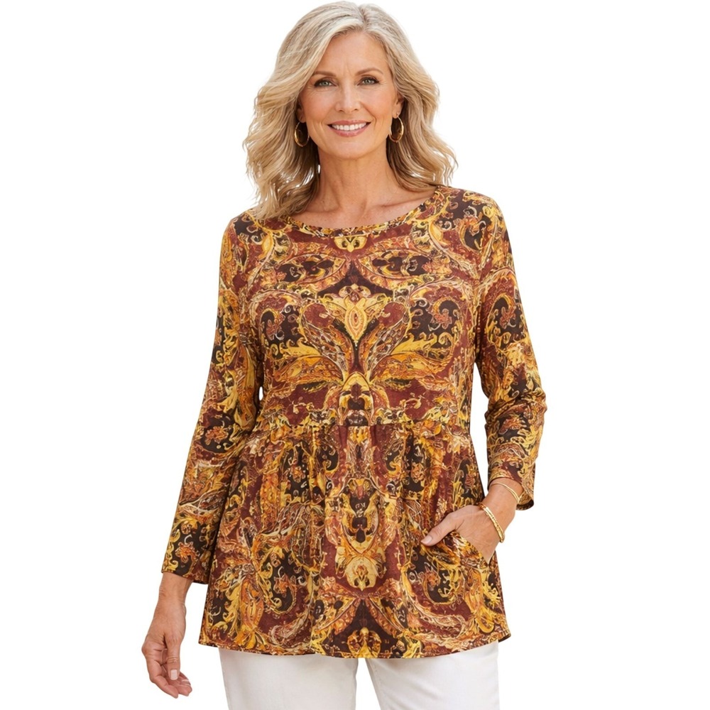 J Jill Paisley Tunic Top Shirt Women PM Long Sleeve Colorful Gold Goddess Brown